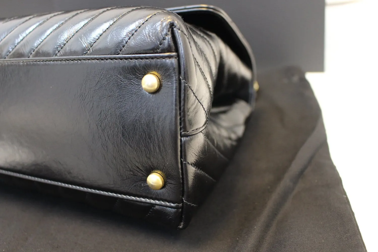 CHANEL Handle Bag Black Leather Quilted Lambskin Chevron Top