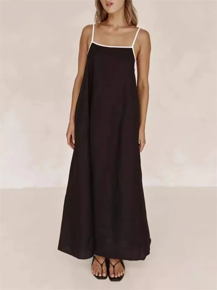 Ladies Contrast Color Lace-Up Spaghetti Strap Summer Dress