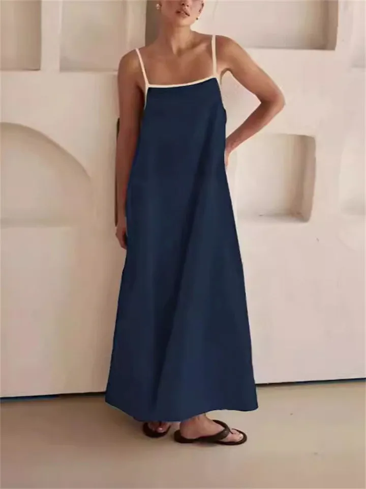 Ladies Contrast Color Lace-Up Spaghetti Strap Summer Dress